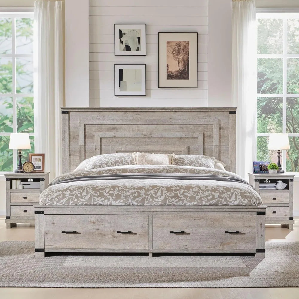 RBXC Farmhouse Bed Frame With Geometric Headboard And Drawers