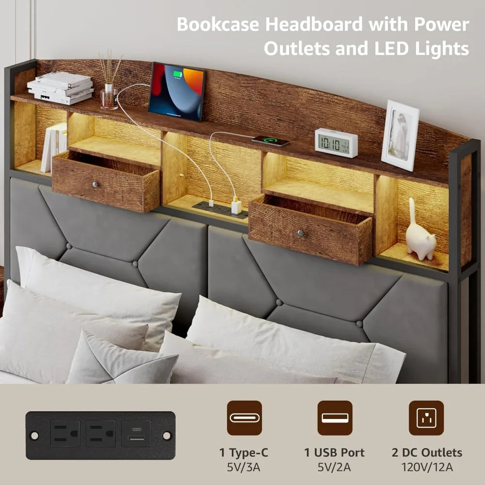 RBXC Velvet Platform Bed Frame With Multifunctional Storage AmbientLightingSystem