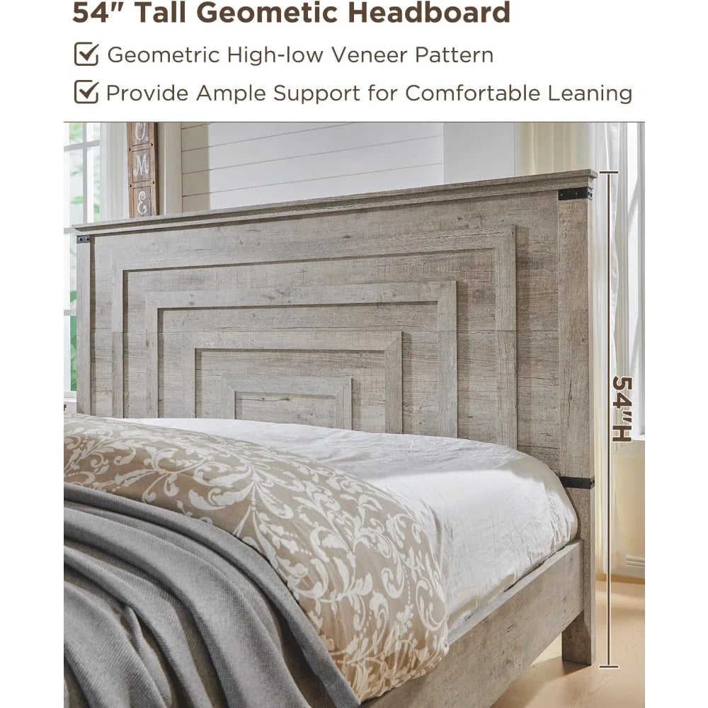 RBXC Farmhouse Bed Frame With Geometric Headboard And Drawers