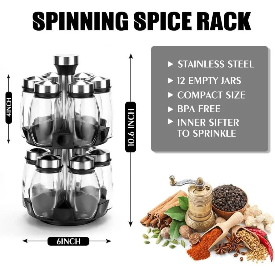 Rotating Spice Rack For 12 Glass Jars Countertop Organize