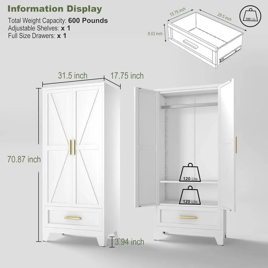 XMSJ Farmhouse Metal Wardrobe Closet With Barn Doors For Modern Organization And Flexible Storage