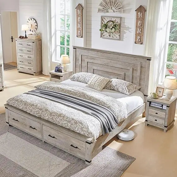 RBXC Farmhouse Bed Frame With Geometric Headboard And Drawers