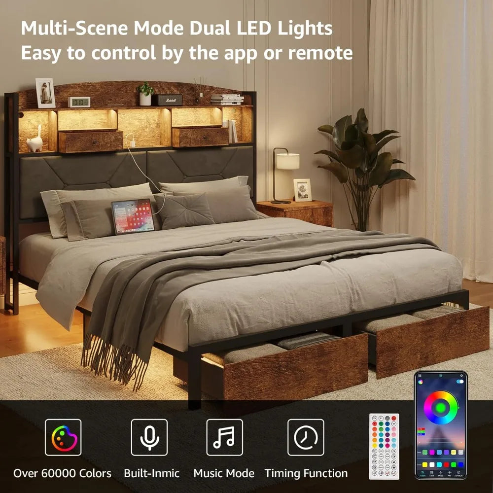 RBXC Velvet Platform Bed Frame With Multifunctional Storage AmbientLightingSystem