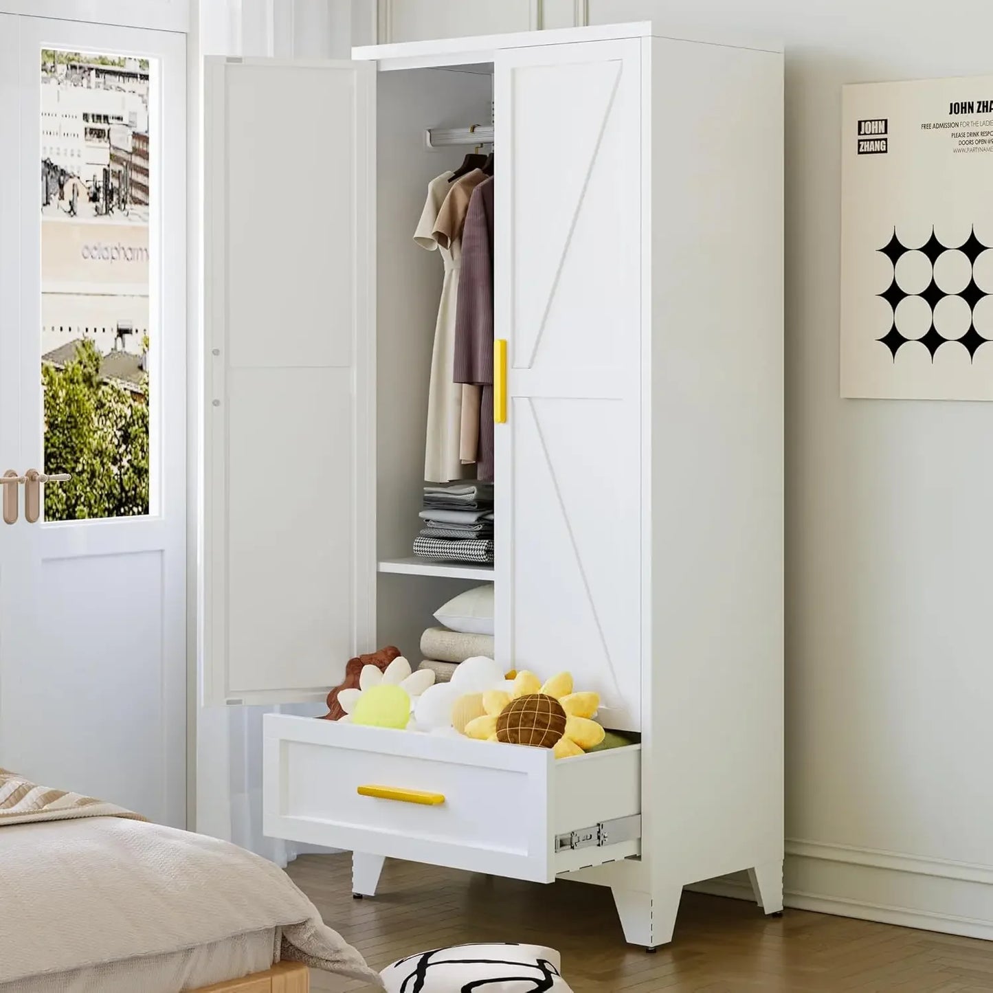 XMSJ Farmhouse Metal Wardrobe Closet With Barn Doors For Modern Organization And Flexible Storage