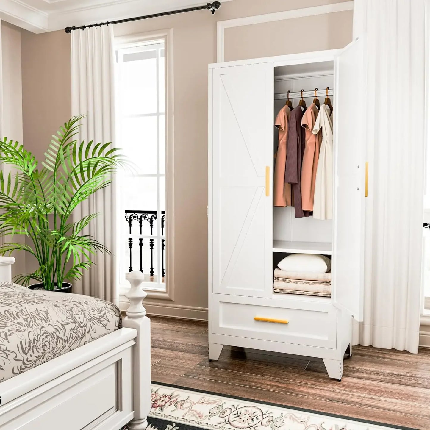 XMSJ Farmhouse Metal Wardrobe Closet With Barn Doors For Modern Organization And Flexible Storage