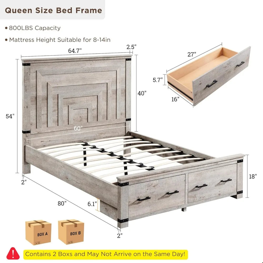 RBXC Farmhouse Bed Frame With Geometric Headboard And Drawers