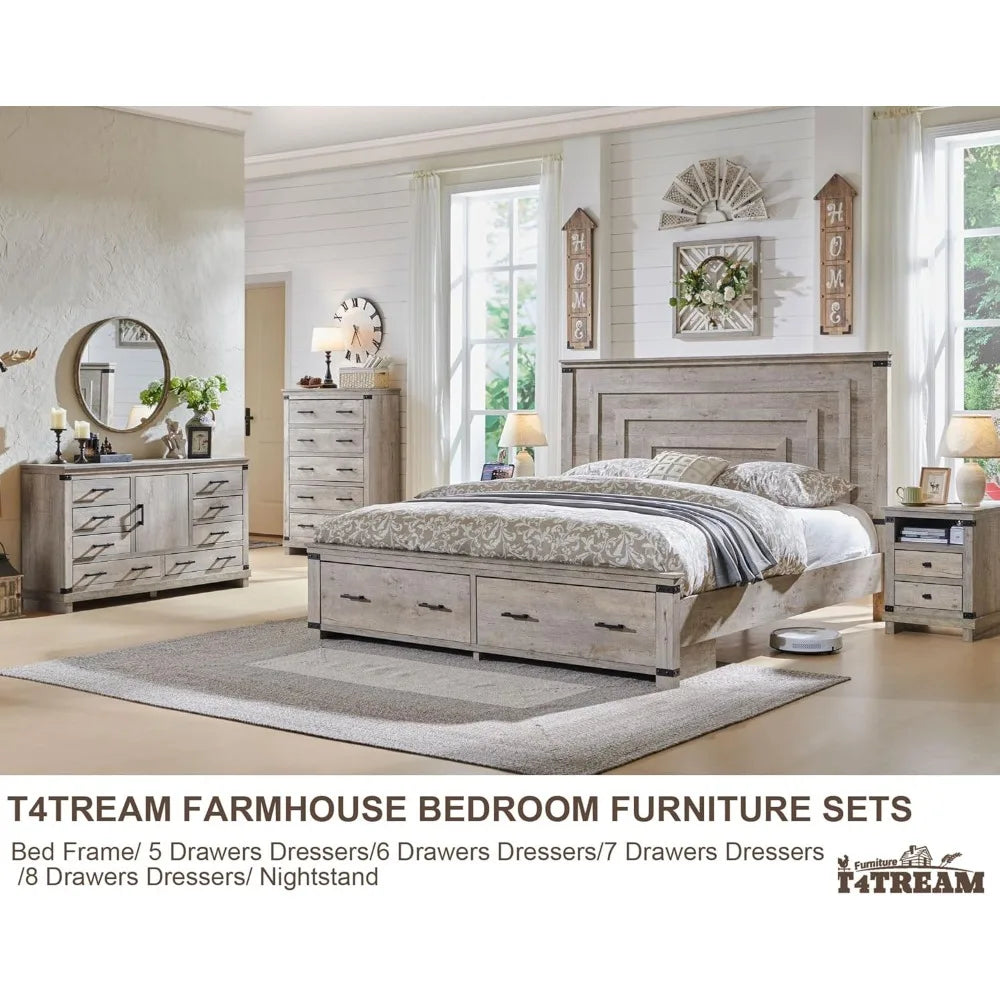 RBXC Farmhouse Bed Frame With Geometric Headboard And Drawers