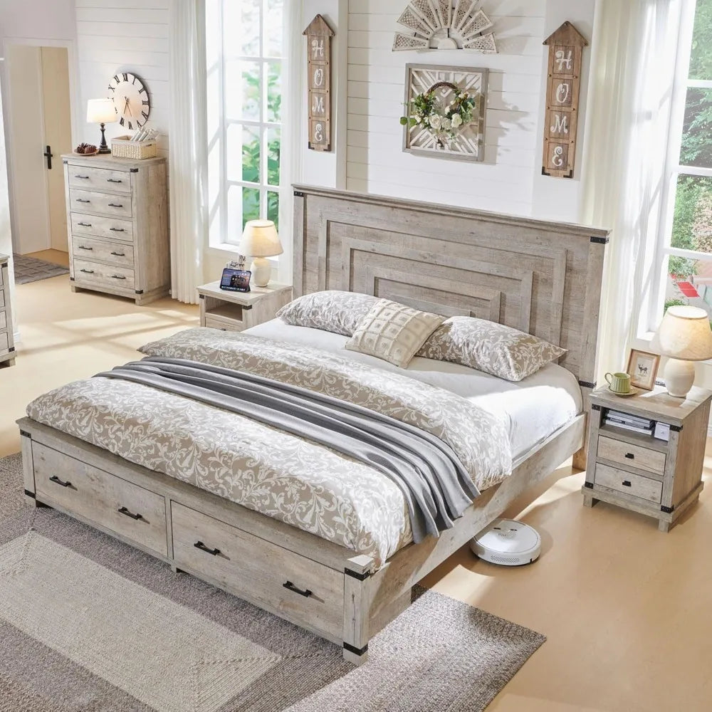 RBXC Farmhouse Bed Frame With Geometric Headboard And Drawers